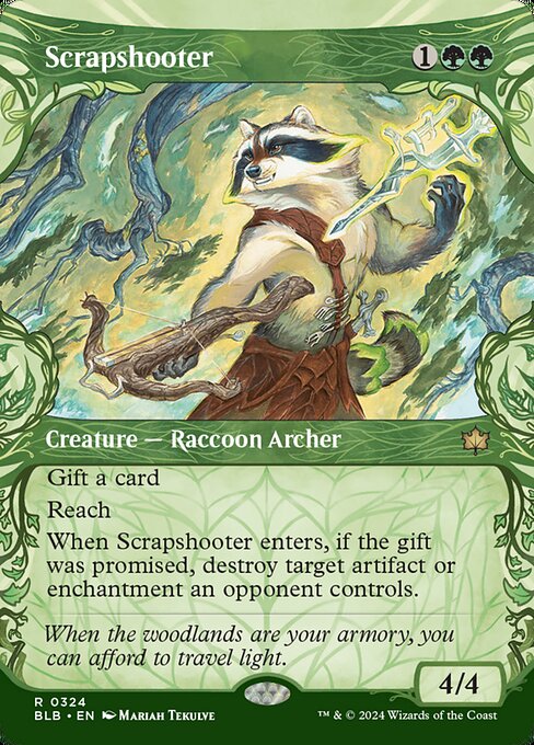 Gift a card (You may promise an opponent a gift as you cast this spell. If you do, when it enters, they draw a card.)
Reach
When Scrapshooter enters, if the gift was promised, destroy target artifact or enchantment an opponent controls.