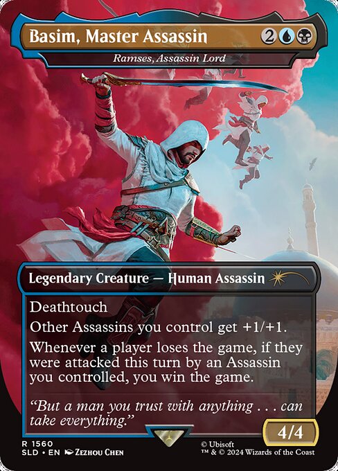 Deathtouch
Other Assassins you control get +1/+1.
Whenever a player loses the game, if they were attacked this turn by an Assassin you controlled, you win the game.
