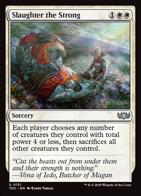 Each player chooses any number of creatures they control with total power 4 or less, then sacrifices all other creatures they control.