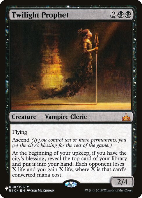 Flying
Ascend (If you control ten or more permanents, you get the city's blessing for the rest of the game.)
At the beginning of your upkeep, if you have the city's blessing, reveal the top card of your library and put it into your hand. Each opponent loses X life and you gain X life, where X is that card's mana value.