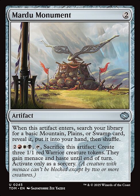 When this artifact enters, search your library for a basic Mountain, Plains, or Swamp card, reveal it, put it into your hand, then shuffle.
{2}{R}{W}{B}, {T}, Sacrifice this artifact: Create three 1/1 red Warrior creature tokens. They gain menace and haste until end of turn. Activate only as a sorcery. (A creature with menace can't be blocked except by two or more creatures.)