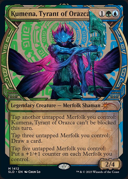 Tap another untapped Merfolk you control: Kumena, Tyrant of Orazca can't be blocked this turn.
Tap three untapped Merfolk you control: Draw a card.
Tap five untapped Merfolk you control: Put a +1/+1 counter on each Merfolk you control.