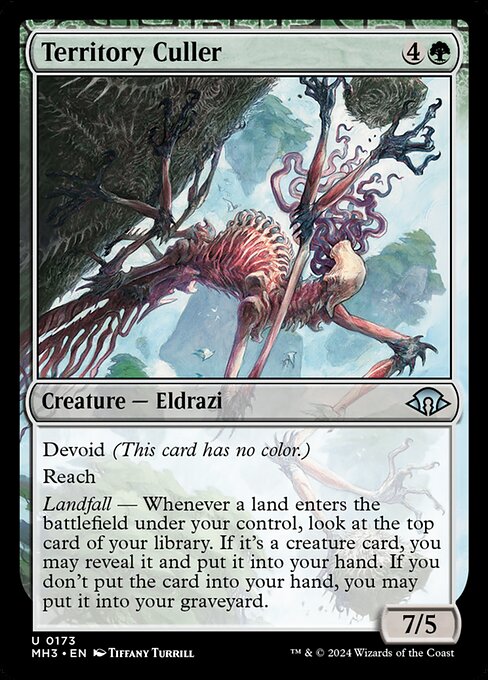Devoid (This card has no color.)
Reach
Landfall — Whenever a land enters the battlefield under your control, look at the top card of your library. If it's a creature card, you may reveal it and put it into your hand. If you don't put the card into your hand, you may put it into your graveyard.