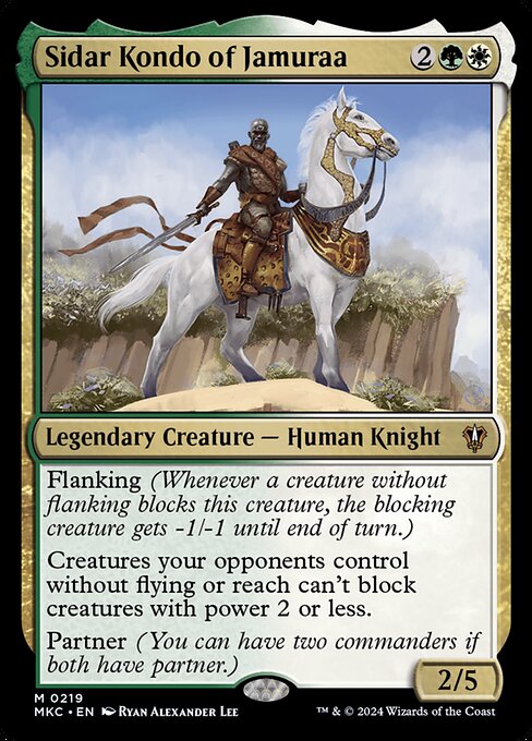 Flanking (Whenever a creature without flanking blocks this creature, the blocking creature gets -1/-1 until end of turn.)
Creatures your opponents control without flying or reach can't block creatures with power 2 or less.
Partner (You can have two commanders if both have partner.)