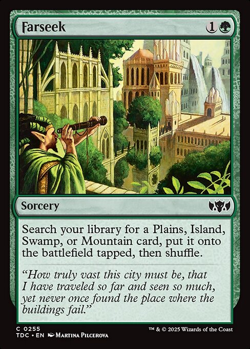 Search your library for a Plains, Island, Swamp, or Mountain card, put it onto the battlefield tapped, then shuffle.