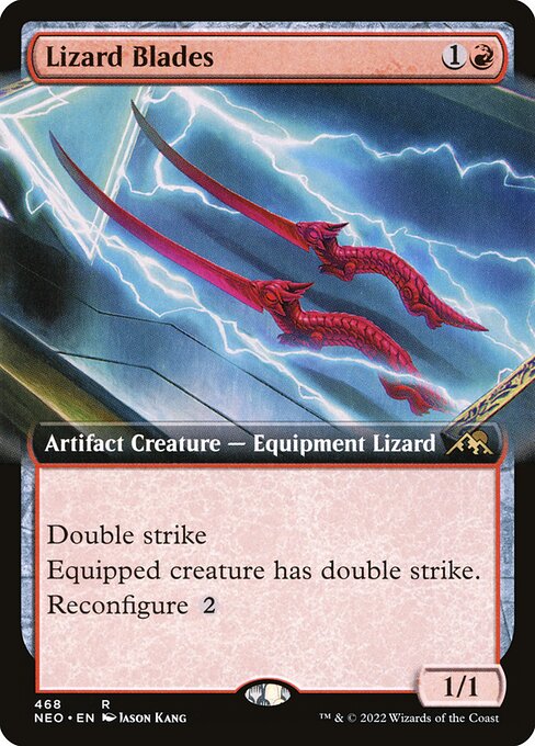Double strike
Equipped creature has double strike.
Reconfigure {2} ({2}: Attach to target creature you control; or unattach from a creature. Reconfigure only as a sorcery. While attached, this isn't a creature.)