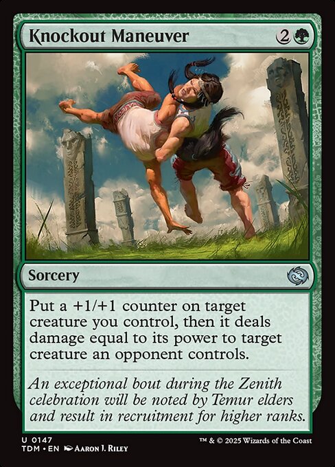 Put a +1/+1 counter on target creature you control, then it deals damage equal to its power to target creature an opponent controls.