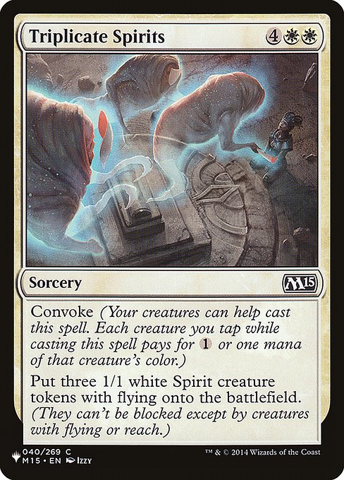 Convoke (Your creatures can help cast this spell. Each creature you tap while casting this spell pays for {1} or one mana of that creature's color.)
Create three 1/1 white Spirit creature tokens with flying. (They can't be blocked except by creatures with flying or reach.)