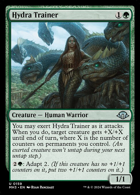 You may exert Hydra Trainer as it attacks. When you do, target creature gets +X/+X until end of turn, where X is the number of counters on permanents you control. (An exerted creature won't untap during your next untap step.)
{2}{G}: Adapt 2. (If this creature has no +1/+1 counters on it, put two +1/+1 counters on it.)