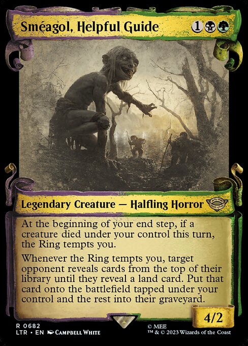 At the beginning of your end step, if a creature died under your control this turn, the Ring tempts you.
Whenever the Ring tempts you, target opponent reveals cards from the top of their library until they reveal a land card. Put that card onto the battlefield tapped under your control and the rest into their graveyard.