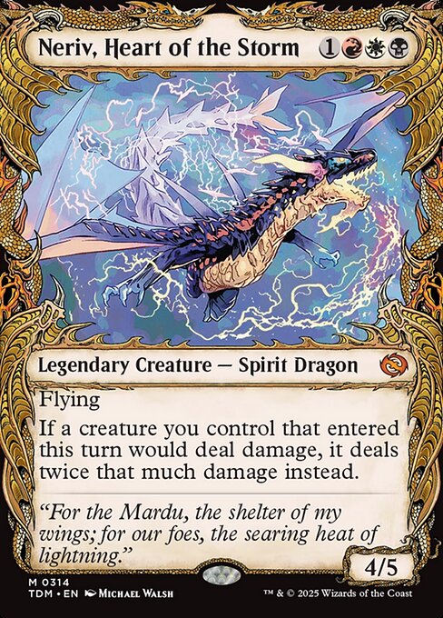 Flying
If a creature you control that entered this turn would deal damage, it deals twice that much damage instead.