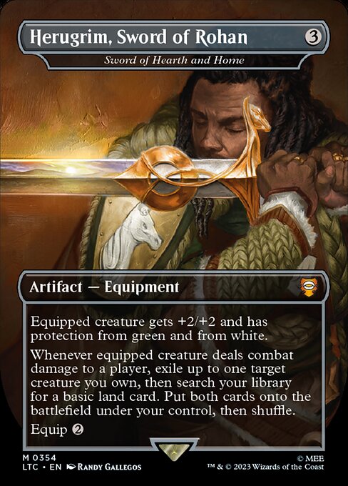 Equipped creature gets +2/+2 and has protection from green and from white.
Whenever equipped creature deals combat damage to a player, exile up to one target creature you own, then search your library for a basic land card. Put both cards onto the battlefield under your control, then shuffle.
Equip {2}