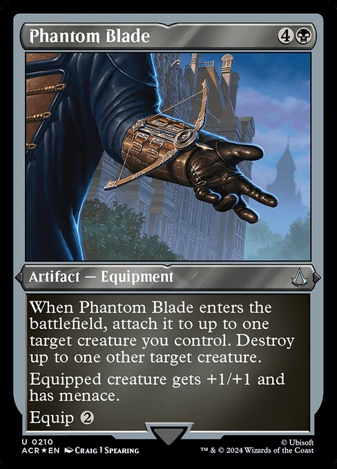 When Phantom Blade enters the battlefield, attach it to up to one target creature you control. Destroy up to one other target creature.
Equipped creature gets +1/+1 and has menace. (It can't be blocked except by two or more creatures.)
Equip {2}