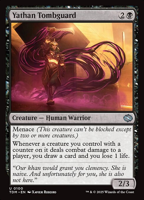 Menace (This creature can't be blocked except by two or more creatures.)
Whenever a creature you control with a counter on it deals combat damage to a player, you draw a card and you lose 1 life.