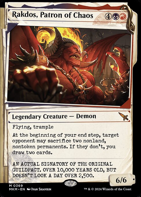 Flying, trample
At the beginning of your end step, target opponent may sacrifice two nonland, nontoken permanents. If they don't, you draw two cards.