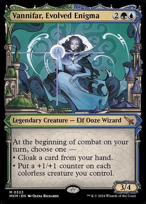 At the beginning of combat on your turn, choose one —
• Cloak a card from your hand. (Put it onto the battlefield face down as a 2/2 creature with ward {2}. Turn it face up any time for its mana cost if it's a creature card.)
• Put a +1/+1 counter on each colorless creature you control.