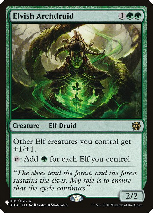 Other Elf creatures you control get +1/+1.
{T}: Add {G} for each Elf you control.