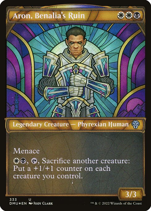 Menace (This creature can't be blocked except by two or more creatures.)
{W}{B}, {T}, Sacrifice another creature: Put a +1/+1 counter on each creature you control.