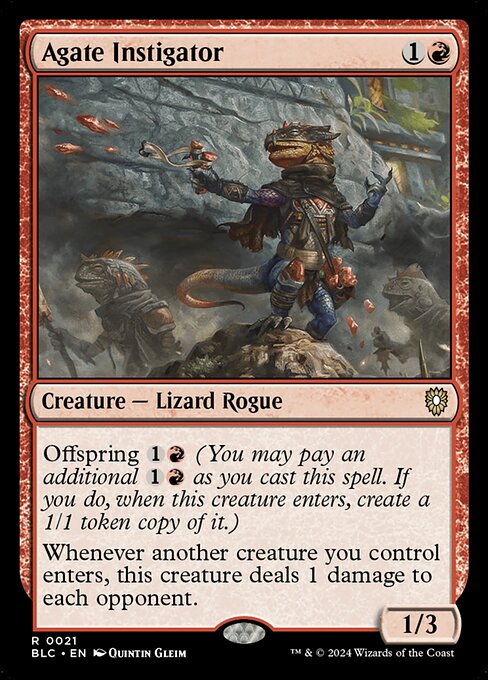 Offspring {1}{R} (You may pay an additional {1}{R} as you cast this spell. If you do, when this creature enters, create a 1/1 token copy of it.)
Whenever another creature you control enters, this creature deals 1 damage to each opponent.