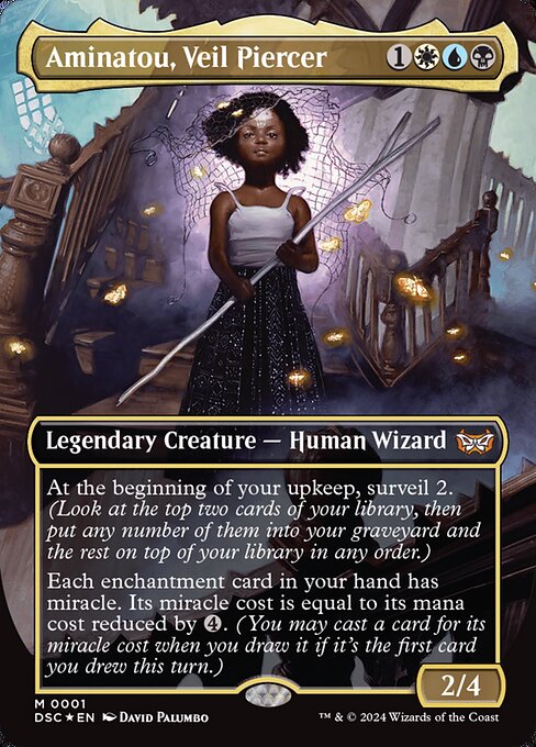 At the beginning of your upkeep, surveil 2. (Look at the top two cards of your library, then put any number of them into your graveyard and the rest on top of your library in any order.)
Each enchantment card in your hand has miracle. Its miracle cost is equal to its mana cost reduced by {4}. (You may cast a card for its miracle cost when you draw it if it's the first card you drew this turn.)