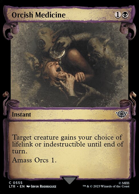 Target creature gains your choice of lifelink or indestructible until end of turn.
Amass Orcs 1. (Put a +1/+1 counter on an Army you control. It's also an Orc. If you don't control an Army, create a 0/0 black Orc Army creature token first.)