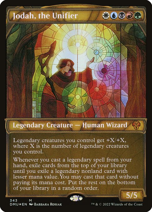 Legendary creatures you control get +X/+X, where X is the number of legendary creatures you control.
Whenever you cast a legendary spell from your hand, exile cards from the top of your library until you exile a legendary nonland card with lesser mana value. You may cast that card without paying its mana cost. Put the rest on the bottom of your library in a random order.