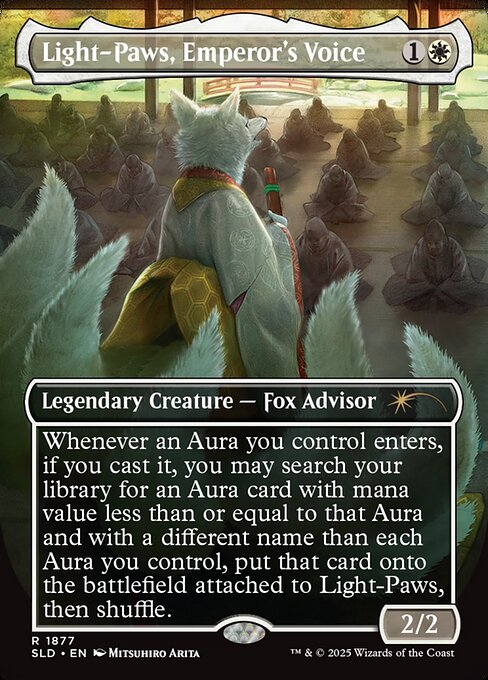 Whenever an Aura you control enters, if you cast it, you may search your library for an Aura card with mana value less than or equal to that Aura and with a different name than each Aura you control, put that card onto the battlefield attached to Light-Paws, then shuffle.