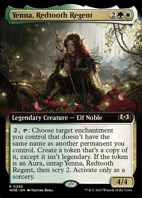 {2}, {T}: Choose target enchantment you control that doesn't have the same name as another permanent you control. Create a token that's a copy of it, except it isn't legendary. If the token is an Aura, untap Yenna, Redtooth Regent, then scry 2. Activate only as a sorcery.