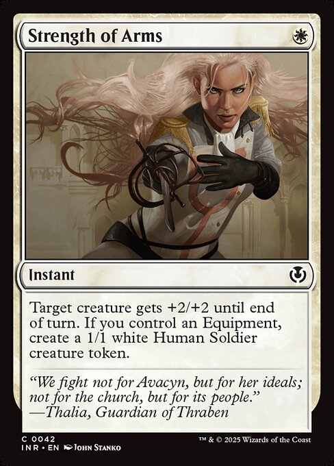 Target creature gets +2/+2 until end of turn. If you control an Equipment, create a 1/1 white Human Soldier creature token.