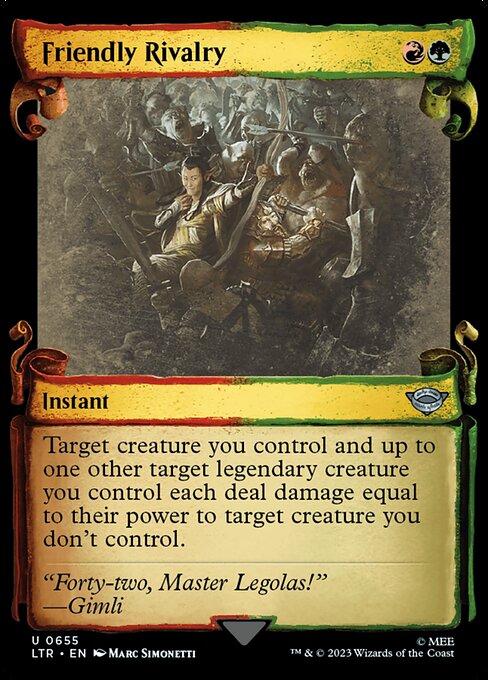 Target creature you control and up to one other target legendary creature you control each deal damage equal to their power to target creature you don't control.