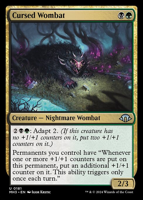 {2}{B}{G}: Adapt 2. (If this creature has no +1/+1 counters on it, put two +1/+1 counters on it.)
Permanents you control have "Whenever one or more +1/+1 counters are put on this permanent, put an additional +1/+1 counter on it. This ability triggers only once each turn."