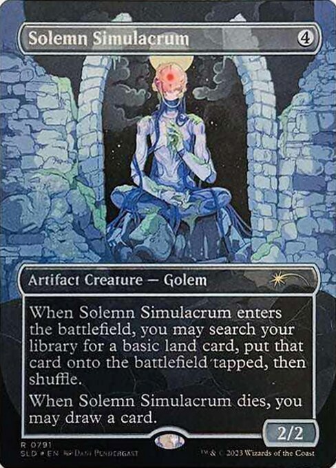 When Solemn Simulacrum enters the battlefield, you may search your library for a basic land card, put that card onto the battlefield tapped, then shuffle.
When Solemn Simulacrum dies, you may draw a card.