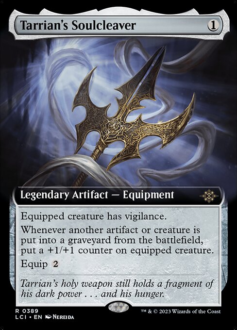 Equipped creature has vigilance.
Whenever another artifact or creature is put into a graveyard from the battlefield, put a +1/+1 counter on equipped creature.
Equip {2}