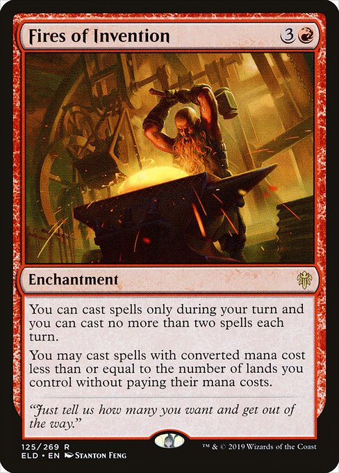 You can cast spells only during your turn and you can cast no more than two spells each turn.
You may cast spells with mana value less than or equal to the number of lands you control without paying their mana costs.