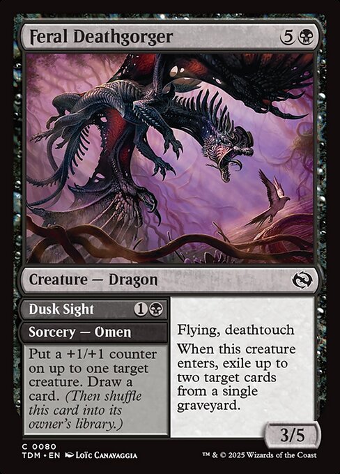 Flying, deathtouch
When this creature enters, exile up to two target cards from a single graveyard.   Put a +1/+1 counter on up to one target creature. Draw a card. (Then shuffle this card into its owner's library.)