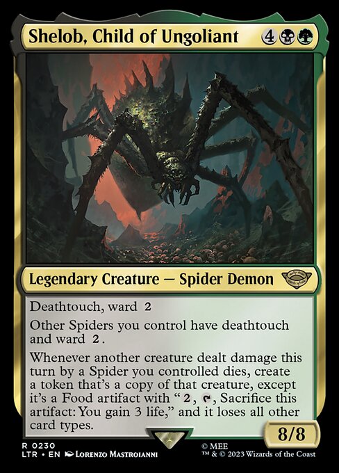 Deathtouch, ward {2}
Other Spiders you control have deathtouch and ward {2}.
Whenever another creature dealt damage this turn by a Spider you controlled dies, create a token that's a copy of that creature, except it's a Food artifact with "{2}, {T}, Sacrifice this artifact: You gain 3 life," and it loses all other card types.
