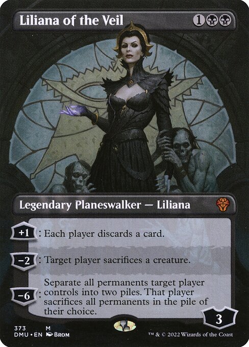 +1: Each player discards a card.
−2: Target player sacrifices a creature.
−6: Separate all permanents target player controls into two piles. That player sacrifices all permanents in the pile of their choice.