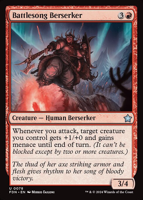 Whenever you attack, target creature you control gets +1/+0 and gains menace until end of turn. (It can't be blocked except by two or more creatures.)