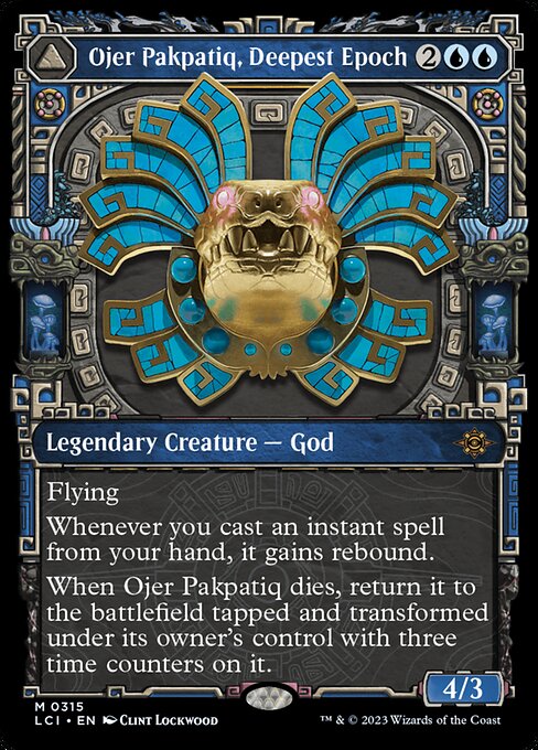 Flying
Whenever you cast an instant spell from your hand, it gains rebound. (Exile it as it resolves. At the beginning of your next upkeep, you may cast it from exile without paying its mana cost.)
When Ojer Pakpatiq dies, return it to the battlefield tapped and transformed under its owner's control with three time counters on it. (Transforms from Ojer Pakpatiq, Deepest Epoch.)
{T}: Add {U}. Remove a time counter from Temple of Cyclical Time.
{2}{U}, {T}: Transform Temple of Cyclical Time. Act