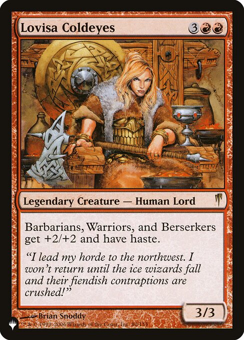 Each creature that's a Barbarian, a Warrior, or a Berserker gets +2/+2 and has haste.