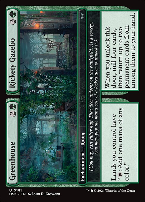 Lands you control have "{T}: Add one mana of any color."
(You may cast either half. That door unlocks on the battlefield. As a sorcery, you may pay the mana cost of a locked door to unlock it.) When you unlock this door, mill four cards, then return up to two permanent cards from among them to your hand.
(You may cast either half. That door unlocks on the battlefield. As a sorcery, you may pay the mana cost of a locked door to unlock it.)