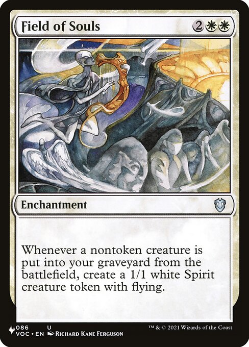 Whenever a nontoken creature is put into your graveyard from the battlefield, create a 1/1 white Spirit creature token with flying.