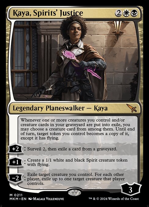 Whenever one or more creatures you control and/or creature cards in your graveyard are put into exile, you may choose a creature card from among them. Until end of turn, target token you control becomes a copy of it, except it has flying.
+2: Surveil 2, then exile a card from a graveyard.
+1: Create a 1/1 white and black Spirit creature token with flying.
−2: Exile target creature you control. For each other player, exile up to one target creature that player controls.