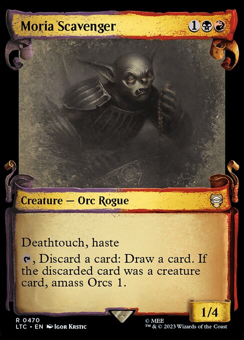Deathtouch, haste
{T}, Discard a card: Draw a card. If the discarded card was a creature card, amass Orcs 1. (Put a +1/+1 counter on an Army you control. It's also an Orc. If you don't control an Army, create a 0/0 black Orc Army creature token first.)