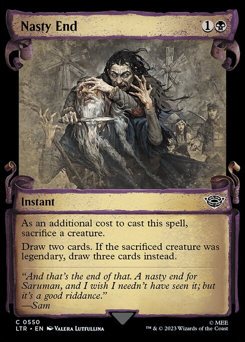 As an additional cost to cast this spell, sacrifice a creature.
Draw two cards. If the sacrificed creature was legendary, draw three cards instead.