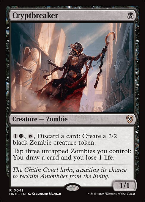 {1}{B}, {T}, Discard a card: Create a 2/2 black Zombie creature token.
Tap three untapped Zombies you control: You draw a card and you lose 1 life.