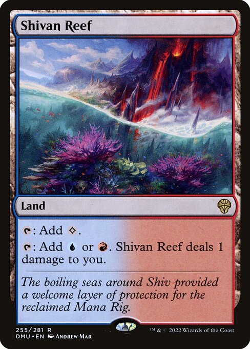{T}: Add {C}.
{T}: Add {U} or {R}. Shivan Reef deals 1 damage to you.