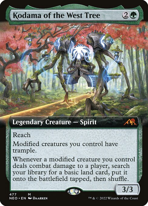 Reach
Modified creatures you control have trample. (Equipment, Auras you control, and counters are modifications.)
Whenever a modified creature you control deals combat damage to a player, search your library for a basic land card, put it onto the battlefield tapped, then shuffle.