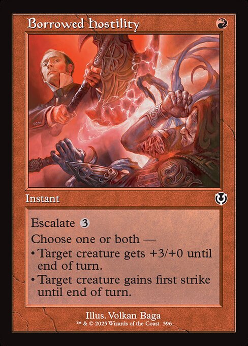 Escalate {3} (Pay this cost for each mode chosen beyond the first.)
Choose one or both —
• Target creature gets +3/+0 until end of turn.
• Target creature gains first strike until end of turn.