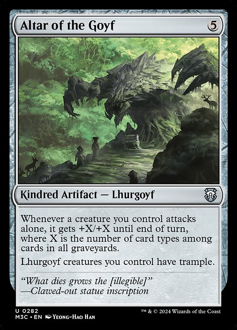 Whenever a creature you control attacks alone, it gets +X/+X until end of turn, where X is the number of card types among cards in all graveyards.
Lhurgoyf creatures you control have trample.